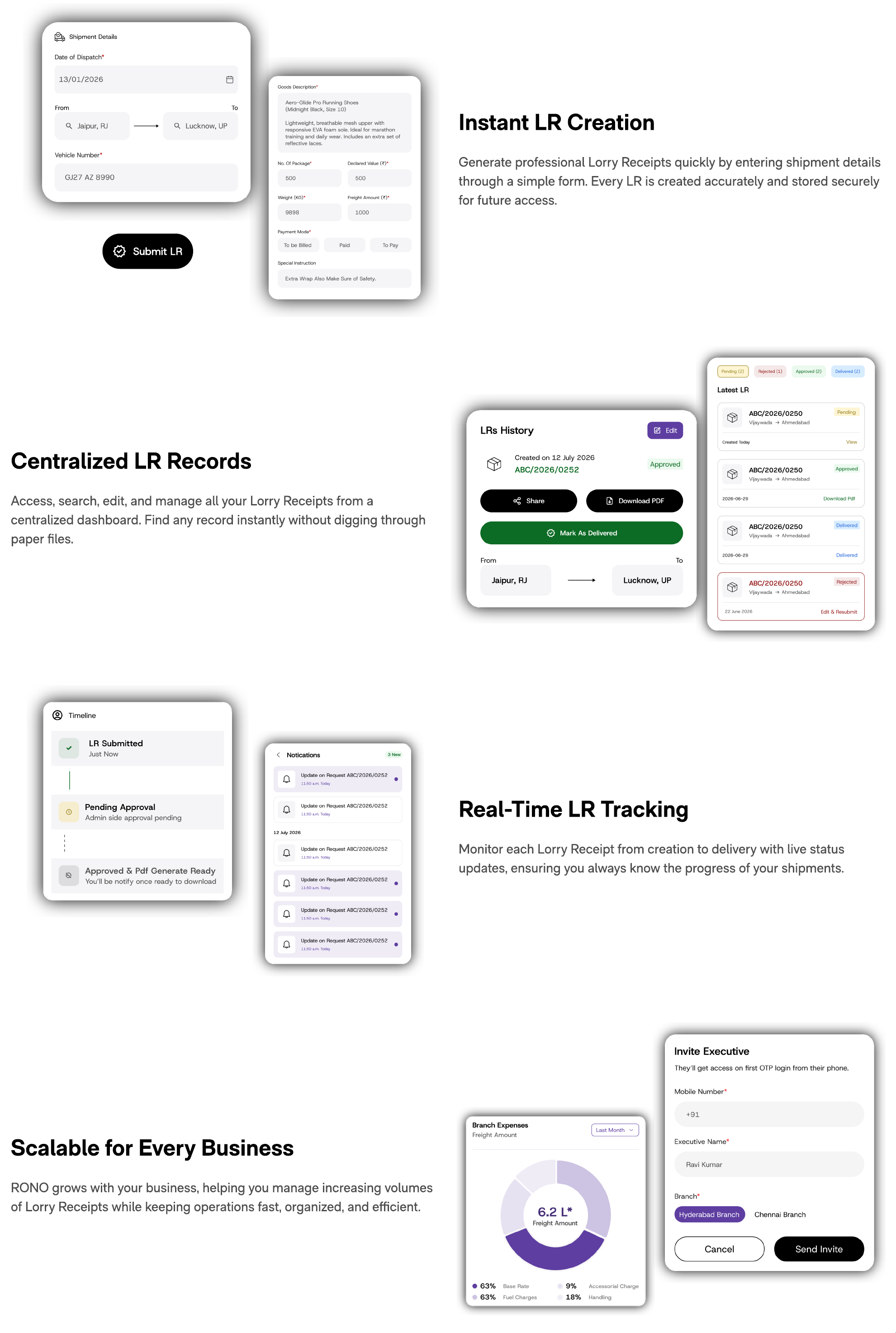 Instant LR creation, centralized LR records, real-time LR tracking, and scalable business management
